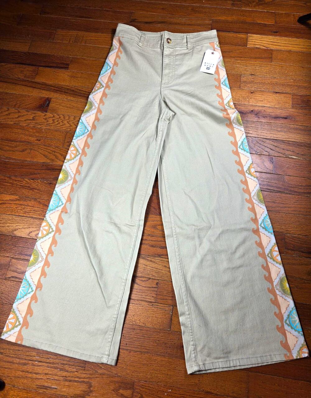 Billabong Womens 28 NWT Wide Leg Pants Boho Floral Side Stripe Sage Green